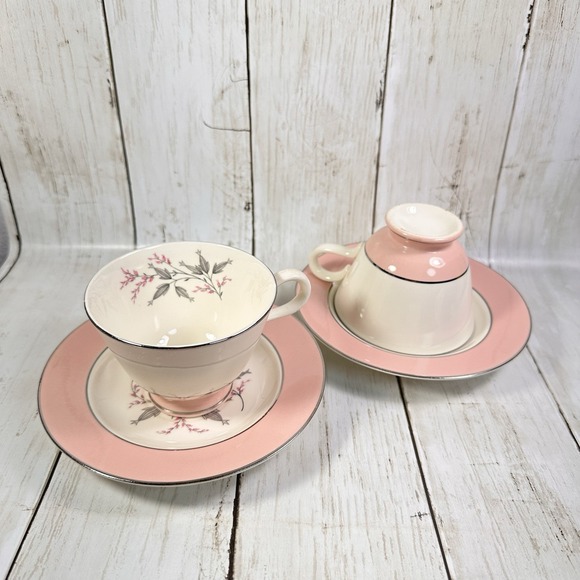 Set of 2‎ Homer Laughlin Vtg Egg Shell China Cavalier w Pink Rim Cups & Saucers - Picture 2 of 12